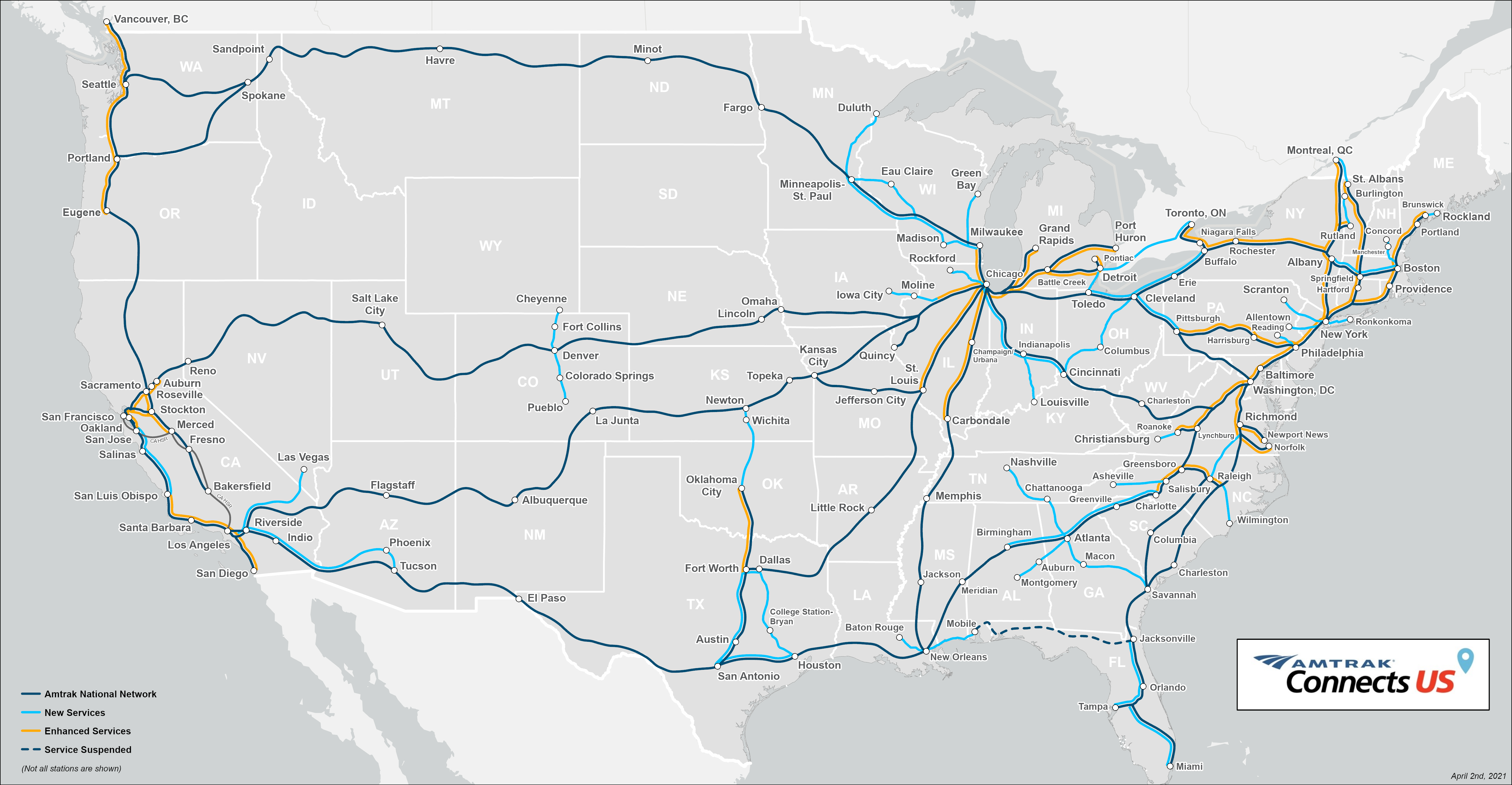 Amtrak Connects US map - March 31, 2021